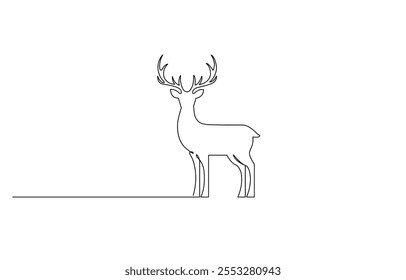 One continuous line drawing of christmas reindeer, One line continuous drawing of a deer. Hand drawn minimalism style, single one line deer silhouette on white background.