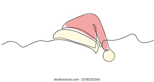 One continuous line drawing of Christmas Santa Claus hat. Nicholas red cup in simple linear style. Elegance logo on a white background. Doodle outline vector illustration