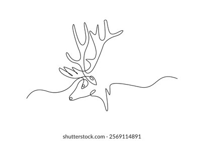 One continuous line drawing of christmas reindeer, One continuous drawing of a deer. Deer wildlife illustration in simple line vector animal design concept themes.