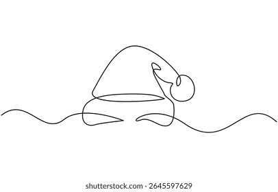 One continuous line drawing of christmas Santa Claus hat,drawing, single line art element, minimalist sketch line vector illustration.