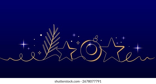 Un dibujo de línea continua de la tarjeta de felicitación de las Navidades con la rama del árbol de Navidad, las bolas de Navidad y las estrellas. Decoración de Navidades. Ilustración vectorial en estilo doodle.