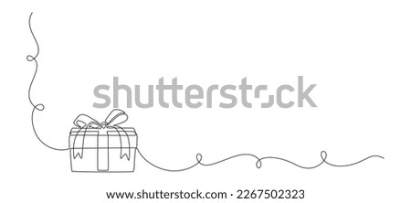 One Continuous line drawing of Christmas Present box with ribbon and bow. Festive gift and Wrapped birthday surprise package in simple linear style. Silhouette Doodle vector illustration