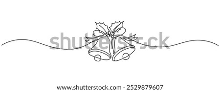 One continuous line drawing of christmas bells. Xmas festive decoration with mistletoe and bow in simple linear style. Elegance logo editable stroke. Doodle monoline vector illustration