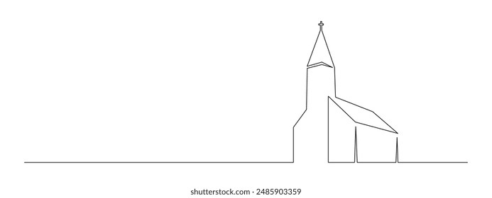 One continuous line drawing of church building with chapel. Catholic and christian house symbol in simple linear style. Vintage religion cathedral in editable stroke. Contour vector illustration