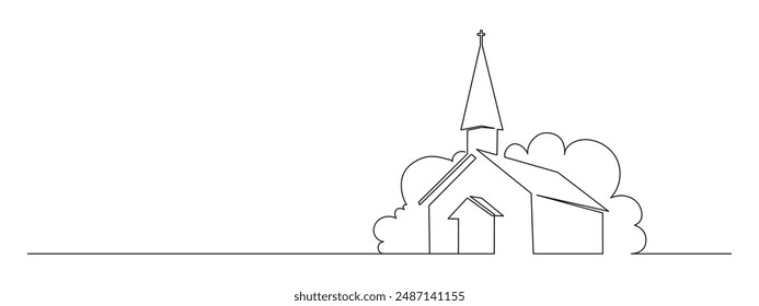 One continuous line drawing of church building with chapel. Catholic and christian house symbol in simple linear style. Vintage religion cathedral in editable stroke. Doodle vector illustration