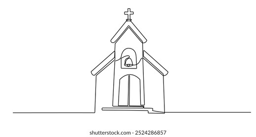 one continuous line drawing of a church.single line icon of a church building where Christians worship.the church seen from the front.one line vector illustration.isolated white background