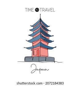 One continuous line drawing Chureito Pagoda landmark. World iconic place in Fujiyoshida, Japan. Holiday tour vacation wall decor art poster concept. Modern single line draw design vector illustration