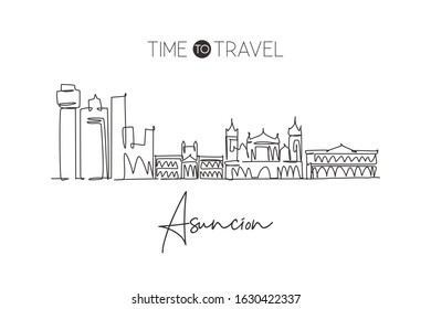 One continuous line drawing of Asunción city skyline, Paraguay. Beautiful landmark. World landscape tourism and travel vacation. Editable stylish stroke single line draw design art vector illustration