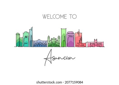 One continuous line drawing Asunción city skyline, Paraguay. Beautiful landmark postcard. World landscape tourism travel vacation. Editable stylish stroke single line draw design vector illustration