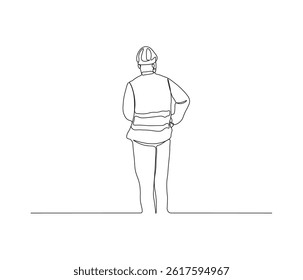 One continuous line drawing of civil engineer or Construction Supervisor looking at blueprint. single line of architect illustration. editable stroke