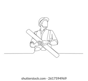One continuous line drawing of civil engineer or Construction Supervisor looking at blueprint. single line of architect illustration. editable stroke