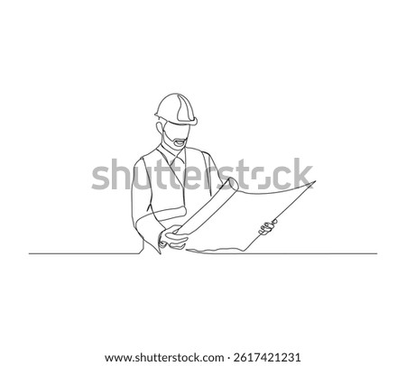 One continuous line drawing of civil engineer or Construction Supervisor looking at blueprint. single line of architect illustration. editable stroke