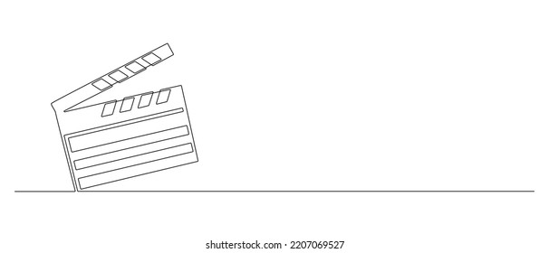 One Continuous Line Drawing Of Clapper Board. Clapperboard Sign For Action Movie Scene And Retro Video Production Concept In Simple Linear Style. Outline Editable Stroke. Doodle Vector Illustration