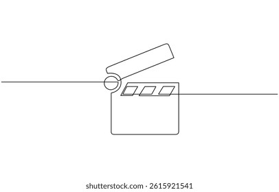 One continuous line drawing of clapper board. Action movie scene and retro video production, Film clapper in one line drawing. Minimalist entertainment concept, One continuous line drawing of clapper.
