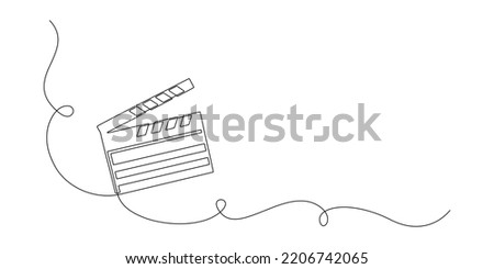 One continuous line drawing of clapper board. Action movie scene and retro video production concept in simple linear style. Outline editable stroke. Doodle vector illustration