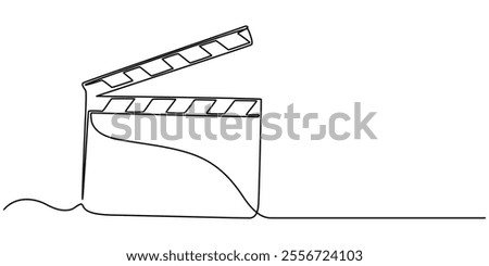 One continuous line drawing of clapper board. Action movie scene and retro video production concept in simple linear style. Outline editable stroke. Doodle vector illustration, One line drawing.