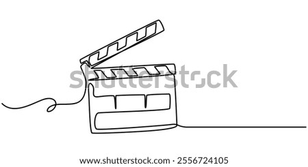 One continuous line drawing of clapper board. Action movie scene and retro video production concept in simple linear style. Outline editable stroke. Doodle vector illustration, One line drawing.