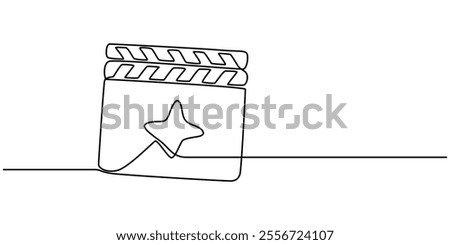 One continuous line drawing of clapper board. Action movie scene and retro video production concept in simple linear style. Outline editable stroke. Doodle vector illustration, One line drawing.