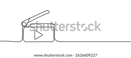 One continuous line drawing of clapper board. Action movie scene and retro video production concept in simple linear style. Outline editable stroke. Editable stroke