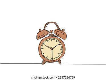 One continuous line drawing of classic analog desk alarm clock with big ring bell to tell the time. Table timepiece concept. Single line draw design vector illustration graphic