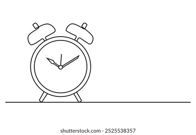 One continuous line drawing of classic analog desk alarm clock with big ring bell to tell the time