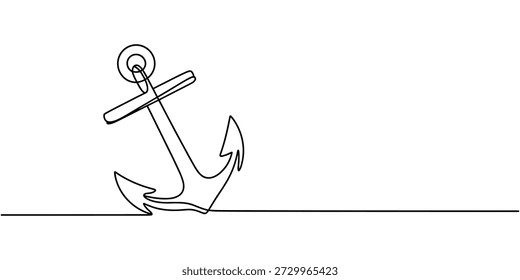 Un dibujo de línea continua de un ancla de barco clásico entrelazado con olas contra un fondo blanco, concepto para diseño de logotipo náutico, publicidad de navegación y marca relacionada con la marina