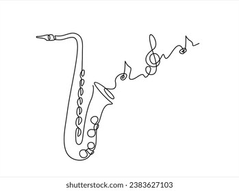 One continuous line drawing of classical saxophone with musical notes. Wind music instruments concept. Modern single line graphic draw design vector illustration