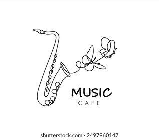 One continuous line drawing of classical saxophone and butterflies. Music Cafe. Wind music instruments concept. Modern single line graphic draw design vector illustration