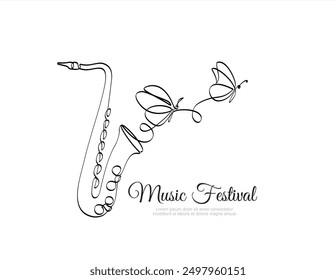 One continuous line drawing of classical saxophone and butterflies. Music Festival. Wind music instruments concept. Modern single line graphic draw design vector illustration