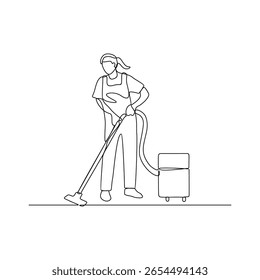 One continuous line drawing of a cleaning office activity vector illustration. Floor cleaning activity in simple linear style vector design concept. Suitable for your business purpose and design asset