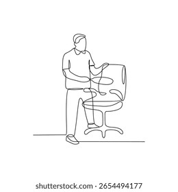 Um desenho de linha contínua de uma ilustração de vetor de atividade de escritório de limpeza. Atividade de limpeza de cadeira em estilo linear simples vetor conceito de design. Adequado para seu objetivo comercial e ativo de design