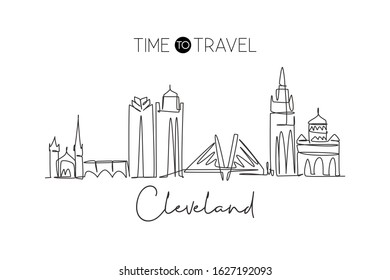 One continuous line drawing of Cleveland city skyline, United States of America. Beautiful landmark. World landscape tourism travel poster. Editable stroke single line draw design vector illustration