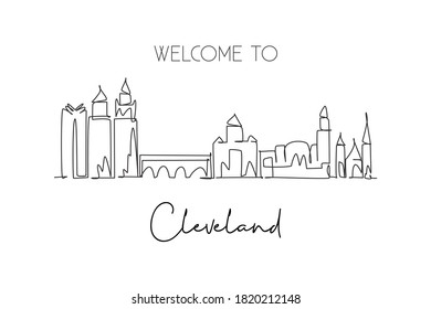 One continuous line drawing of Cleveland city skyline, Ohio. Beautiful landmark. World landscape tourism travel home wall decor poster print art. Stylish single line draw design vector illustration