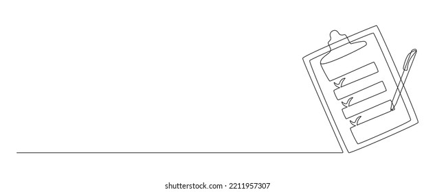 One continuous line drawing Clipboard and checklist   pen  To do list and ticks   concept for test expertise   exam in simple linear style  Editable stroke  Doodle vector illustration