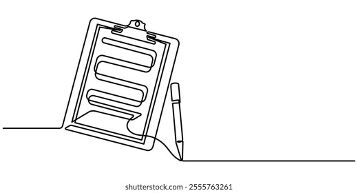 One continuous line drawing of Clipboard with checklist and pen. To do list with ticks and concept for test expertise and exam in simple linear style, In a simple linear style, an vector illustration.