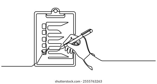 One continuous line drawing of Clipboard with checklist and pen. To do list with ticks and concept for test expertise and exam in simple linear style, In a simple linear style, an vector illustration.