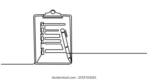 One continuous line drawing of Clipboard with checklist and pen. To do list with ticks and concept for test expertise and exam in simple linear style, In a simple linear style, an vector illustration.