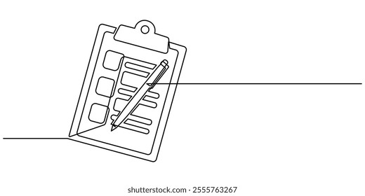 One continuous line drawing of Clipboard with checklist and pen. To do list with ticks and concept for test expertise and exam in simple linear style, In a simple linear style, an vector illustration.