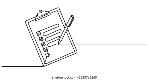 One continuous line drawing of Clipboard with checklist and pen. To do list with ticks and concept for test expertise and exam in simple linear style, In a simple linear style, an vector illustration.