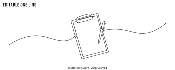 One continuous line drawing of clipboard with pen. Text, report, exam, to do list concept. Editable stroke, vector illustration