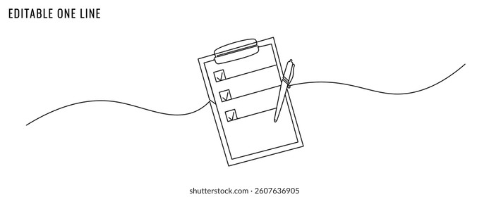 One continuous line drawing of clipboard with checklist. Text, report, exam, to do list concept. Editable stroke, vector illustration