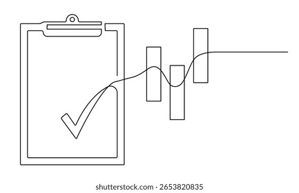 One continuous one line drawing of clipboard and checkmark of growth graph in trading, business. Editable stroke.