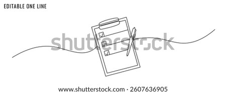 One continuous line drawing of clipboard with checklist. Text, report, exam, to do list concept. Editable stroke, vector illustration