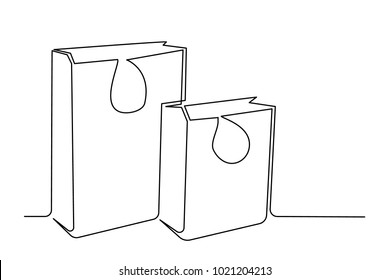 One continuous line drawing. Close-up. Packages for shopping two pieces. Paper bags. shopping bag. Contemplation drawing a thin black line on a white background.