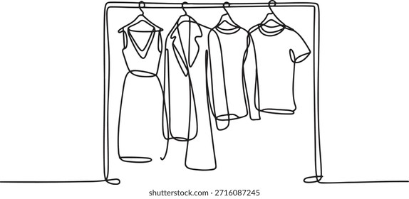 Uma linha contínua desenhando roupas em cabides. Conceito de loja de moda e varejo de vestuário. Guarda-roupa com várias roupas para o banner boutique moderno. Ilustração de vetor de design gráfico isolada.