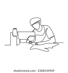 One continuous line drawing of clothing factory working activity with white background. clothing factory working activity design in simple linear style. clothing factory working people design concept 
