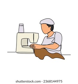 One continuous line drawing of clothing factory working activity with white background. clothing factory working activity design in simple linear style. clothing factory working people design concept 