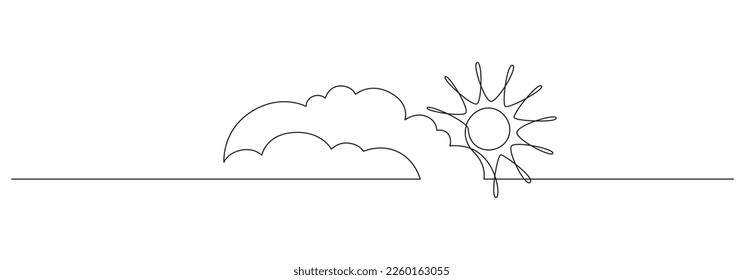 One continuous line drawing of Clouds with sun in the sky. Weather symbol and storage concept in simple linear style. Editable stroke. Doodle vector illustration