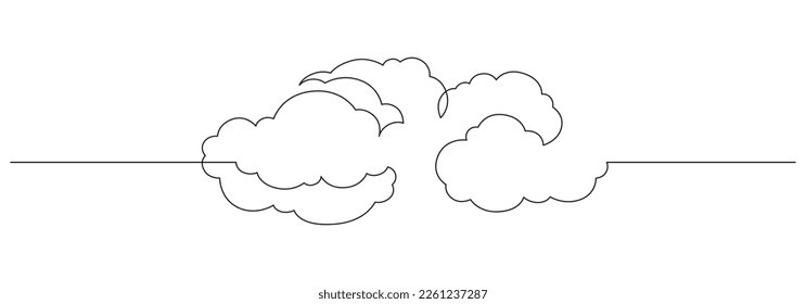 One continuous line drawing of Clouds in the sky. Weather symbol and storage concept in simple linear style. Editable stroke. Outline vector illustration