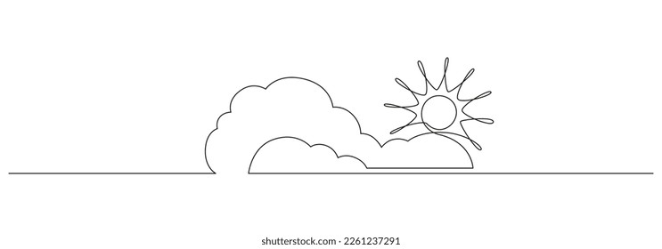 One continuous line drawing of Clouds with sun in the sky. Weather symbol and storage concept in simple linear style. Editable stroke. Doodle vector illustration